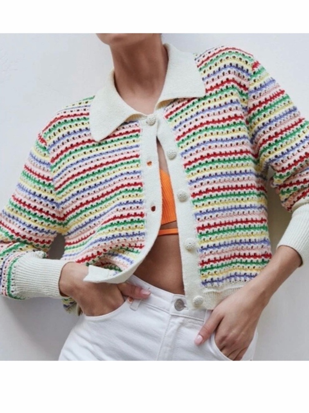 Zara Striped Crochet Knit Cardigan Jacket size M - Picture 4 of 8